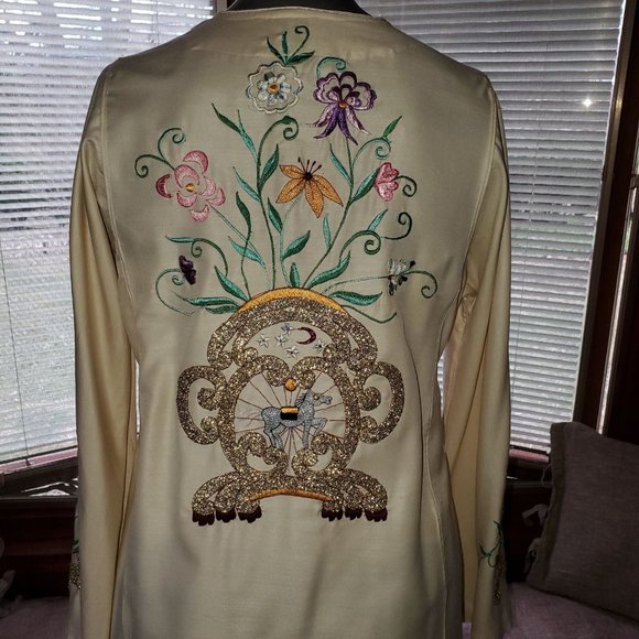 Boho VTG Metallic Embroidered Slub Silk Kaftan Maxi Dress Beige Gold Multi Sz S - Picture 1 of 9